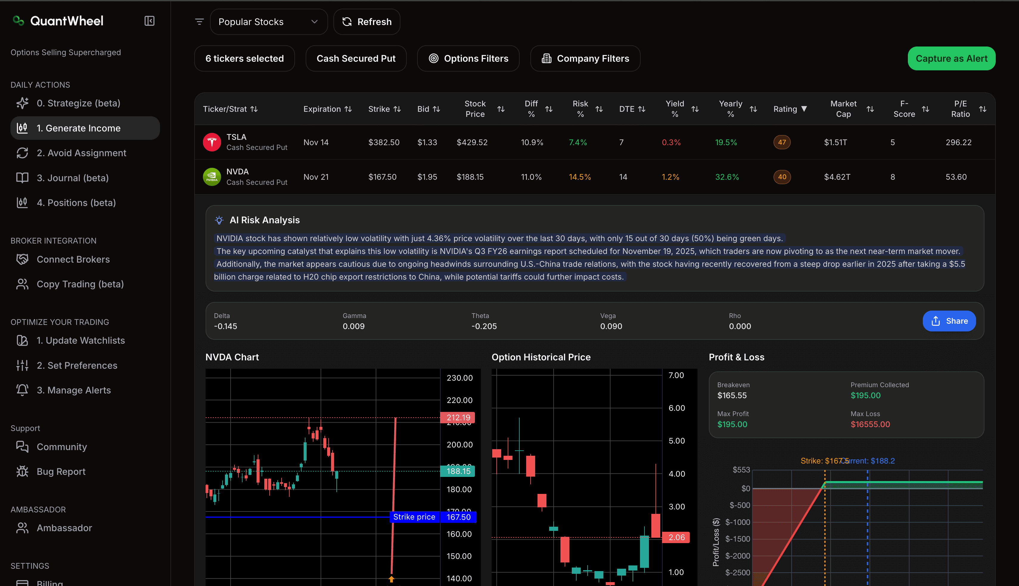 QuantWheel options screener showing filtered cash-secured put opportunities