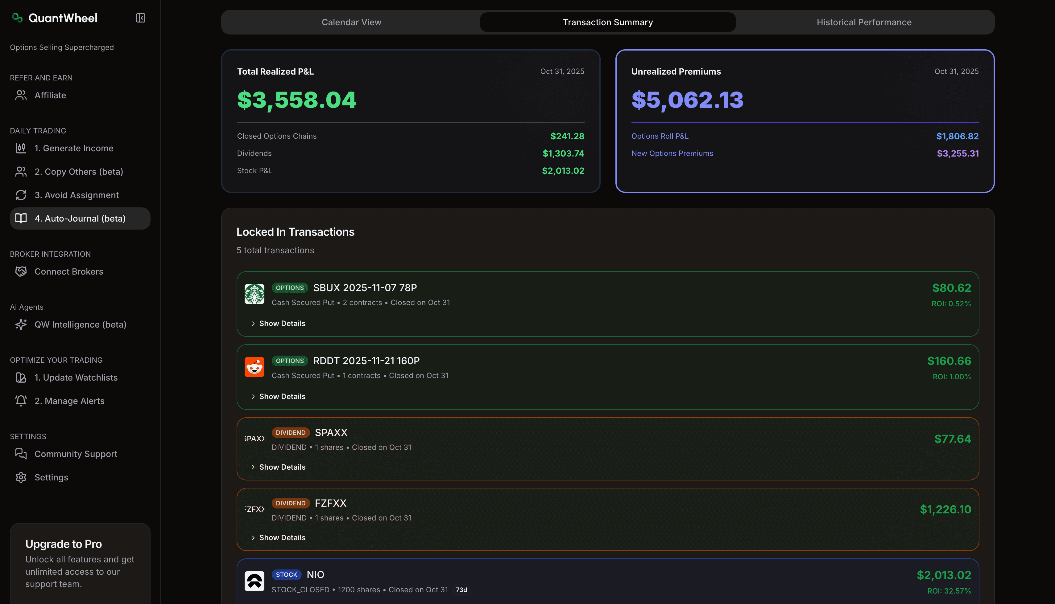 Options trading journal transaction history displaying detailed entries and exits for all options trades with comprehensive data tracking. The journal shows profits, losses, portfolio value changes, and performance metrics for each trade executed through connected brokers.