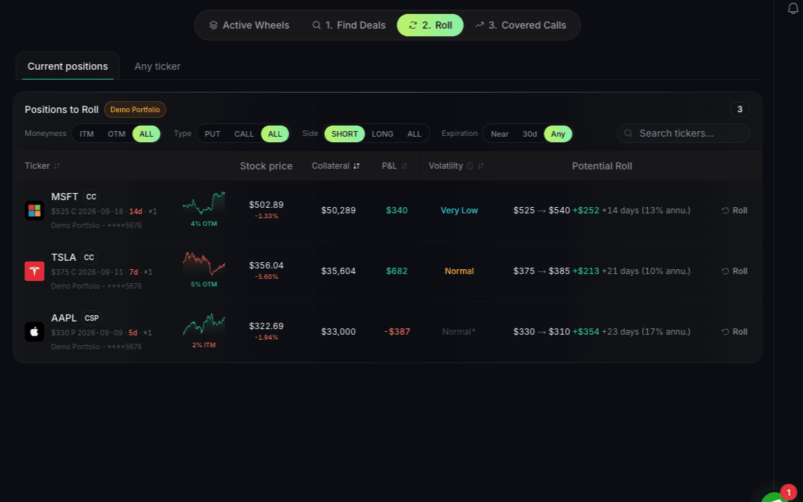 QuantWheel Roll view for a demo portfolio comparing potential rolls for open positions
