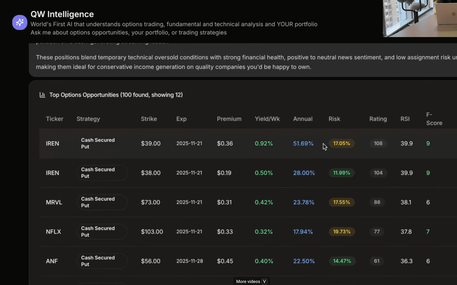 QuantWheel AI research interface with options opportunities and supporting market context
