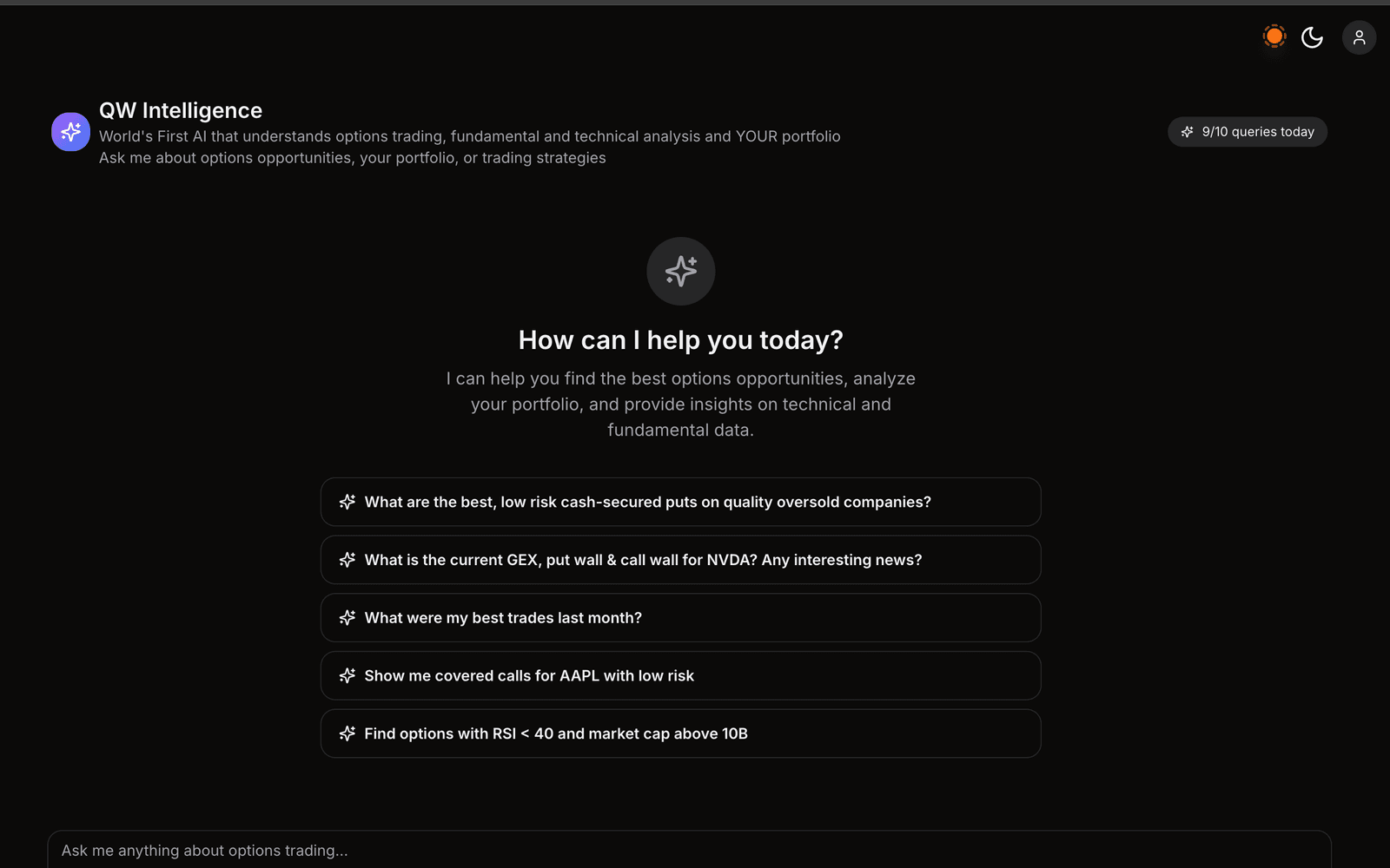 QW Intelligence options research interface with a question and portfolio-aware response