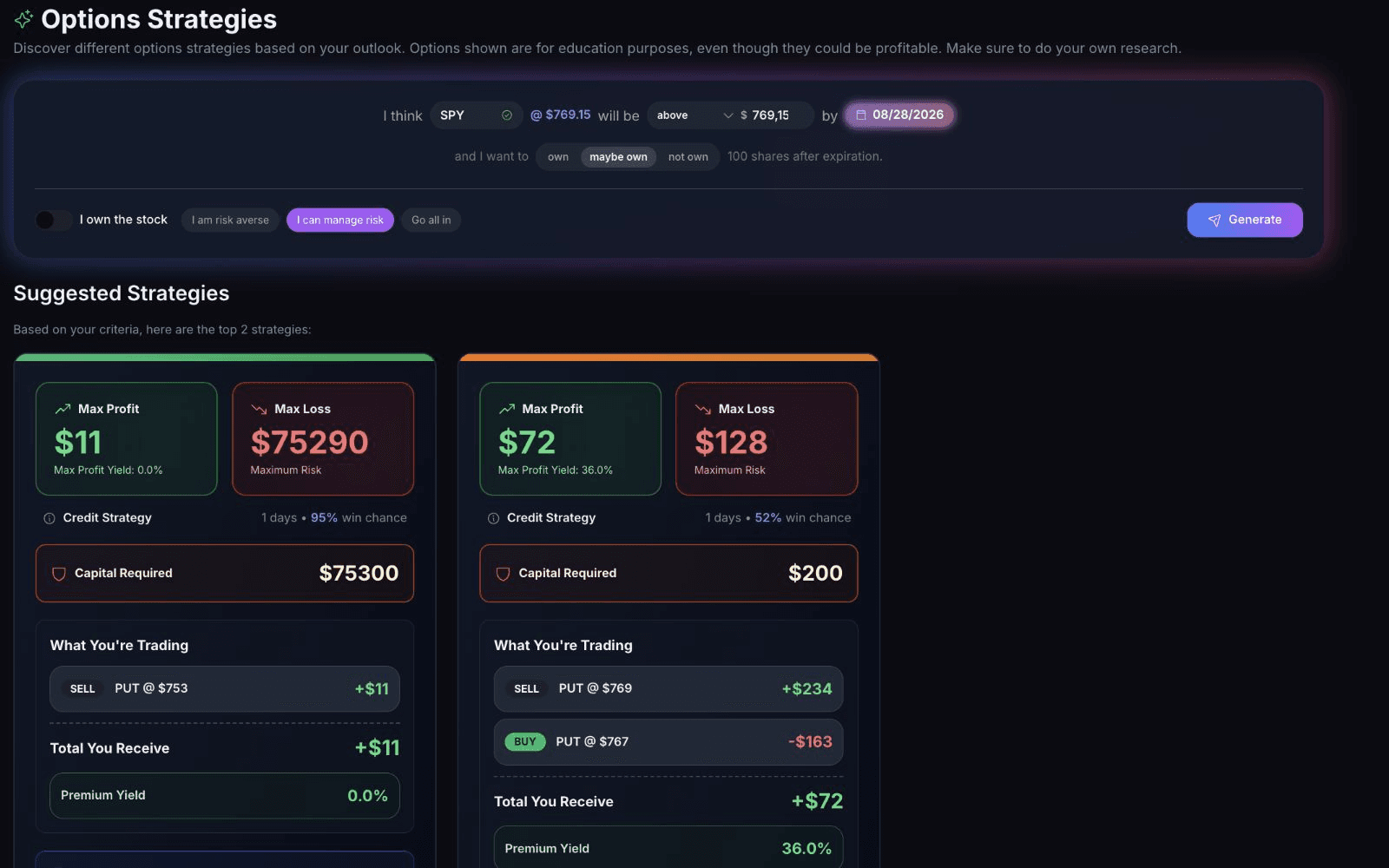 QuantWheel options strategy builder with active SPY strategy results
