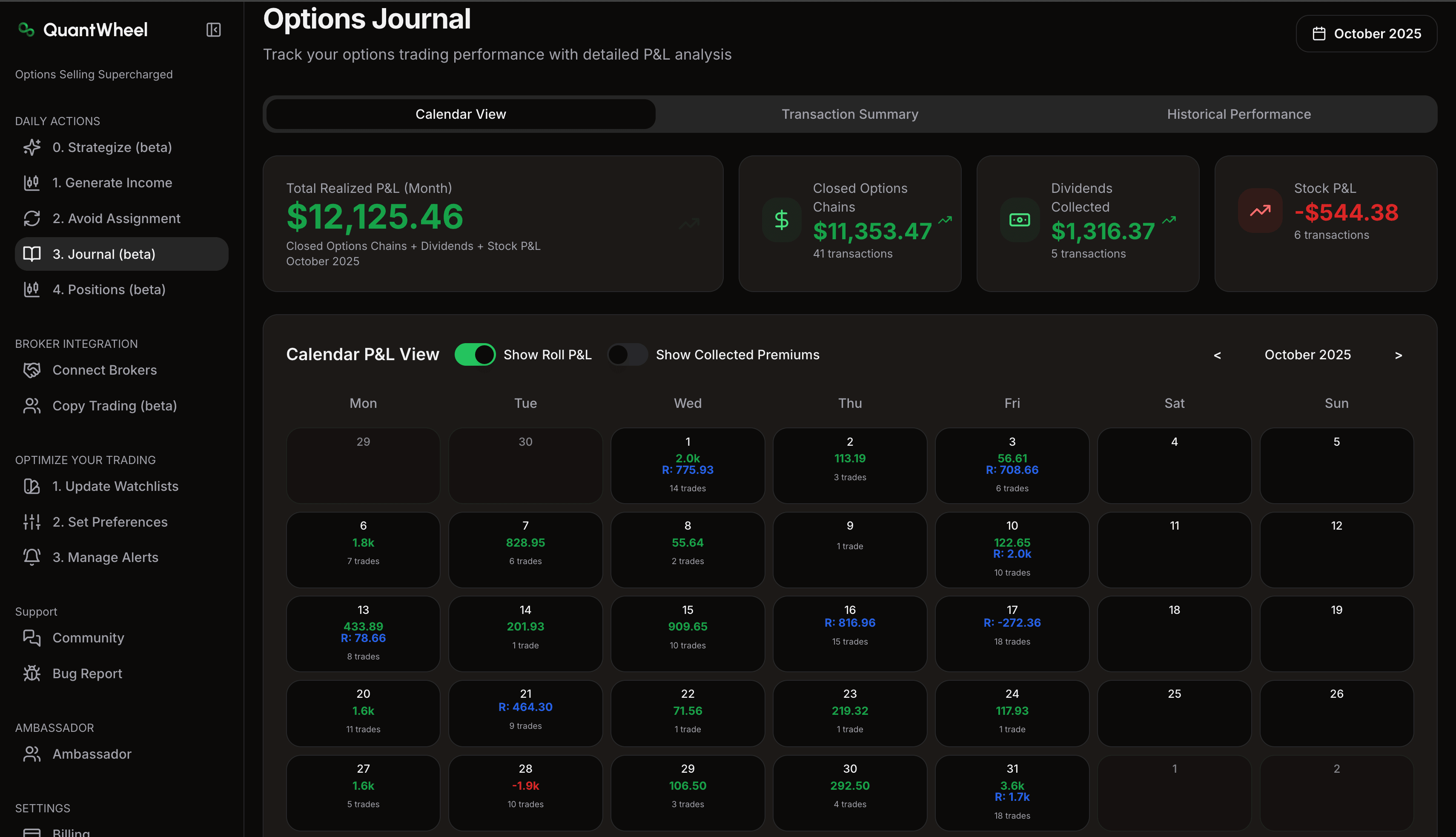 QuantWheel options journal with positions, transactions, income calendar, and portfolio summaries