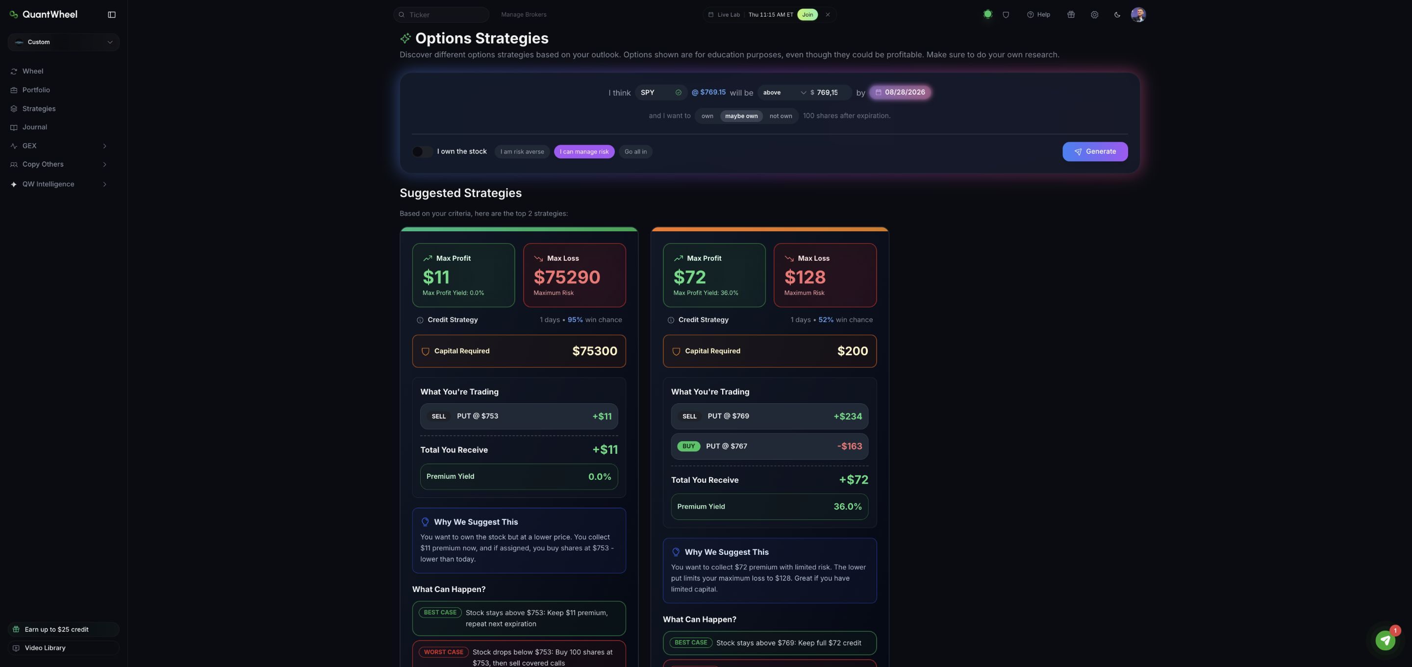 QuantWheel options strategy builder with active SPY strategy results