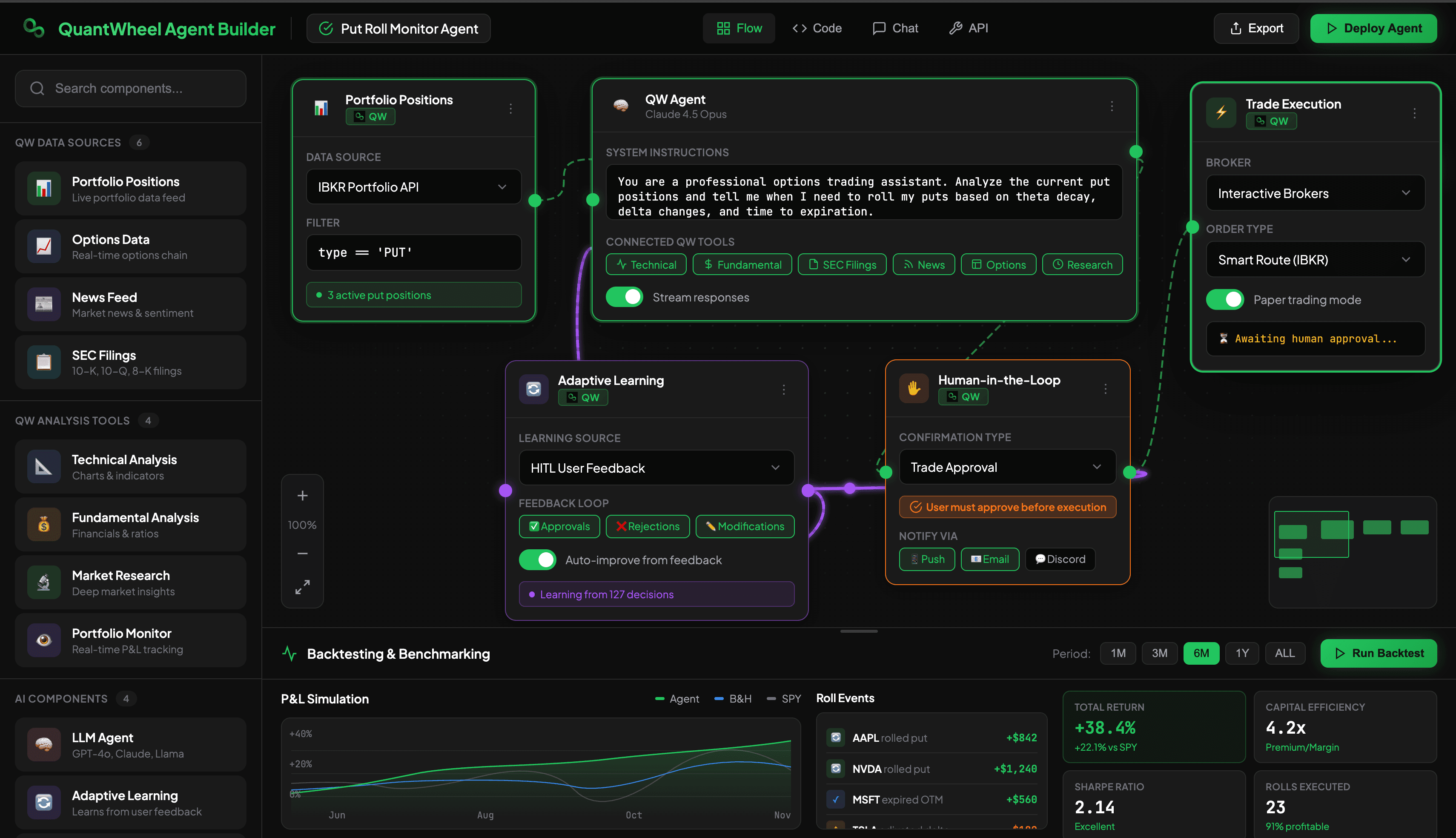 QuantWheel Agent Builder - Visual workflow for building automated trading strategies