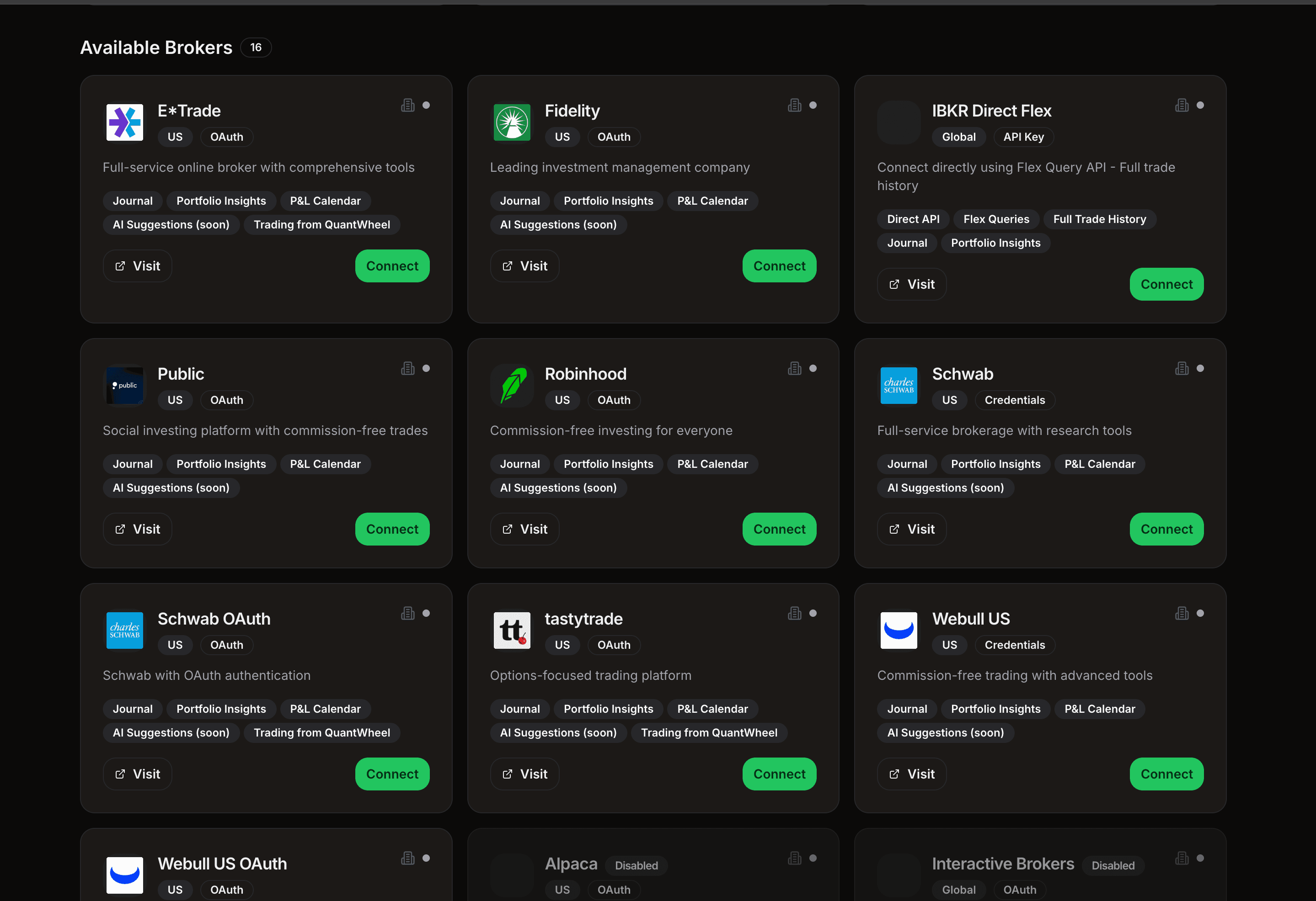 The broker connection screen with the supported brokerages