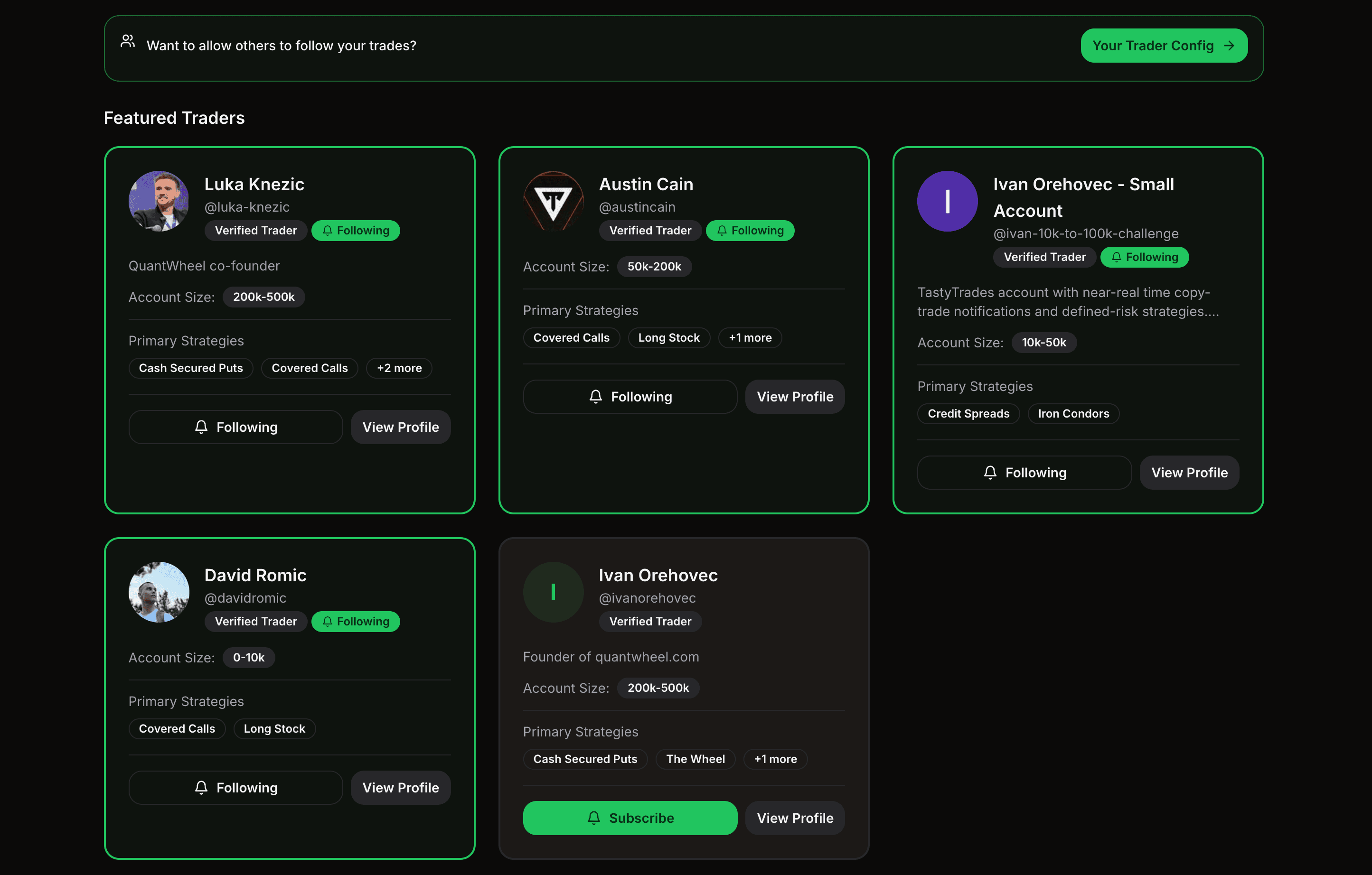 Options copy trading trader verification display showing broker-connected account proof, performance authenticity, and track record validation. QuantWheel verifies profits, losses, trades, and portfolio history through direct brokerage integration.