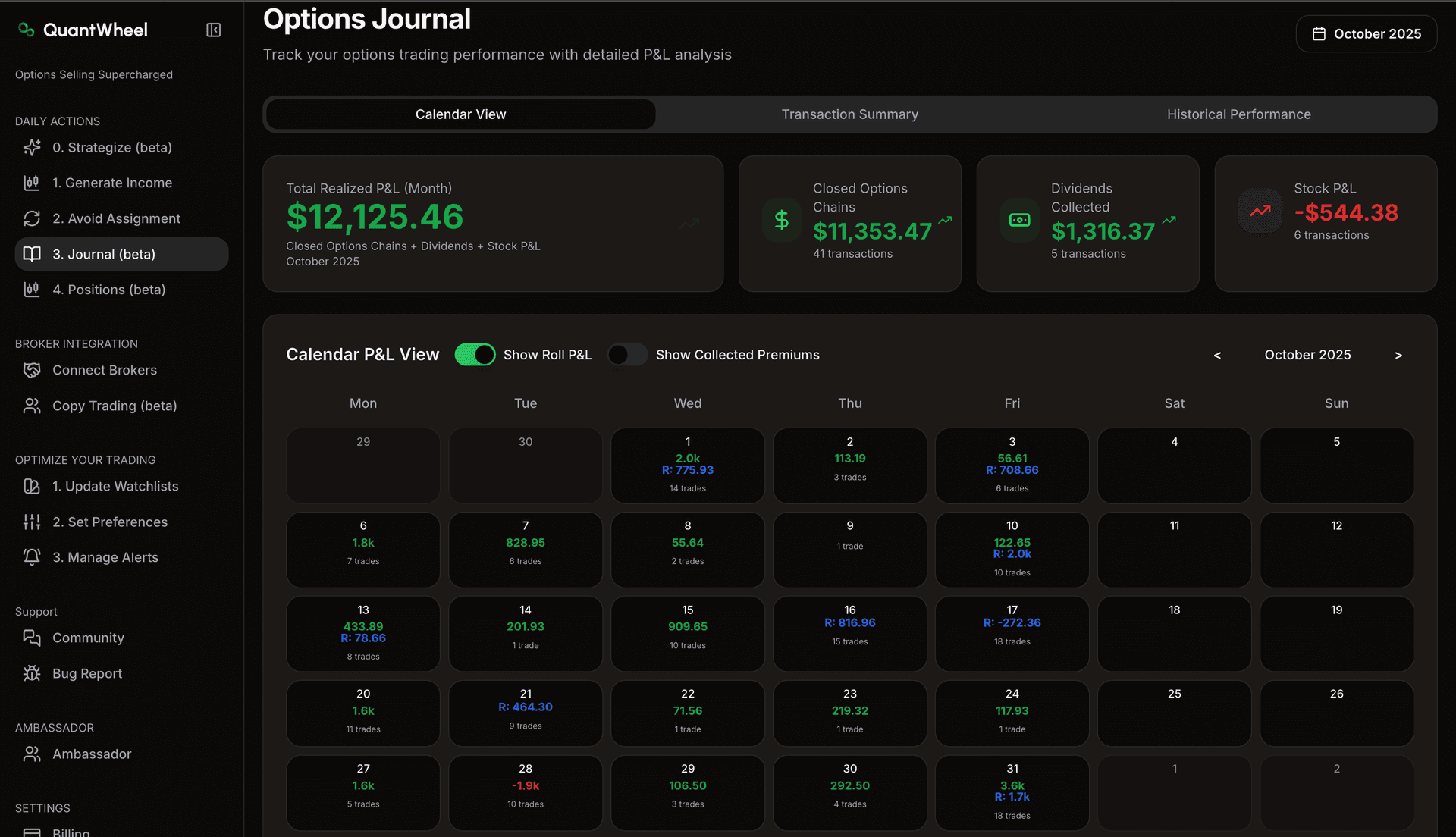 QuantWheel options journal tracking a Wheel position and its premium-adjusted cost basis