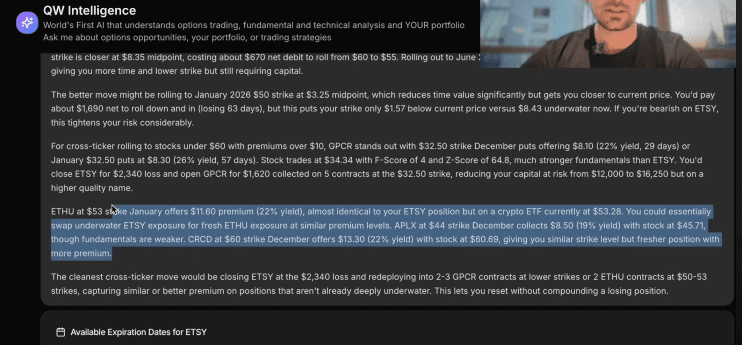Suggested rolls and adjustments for a connected portfolio