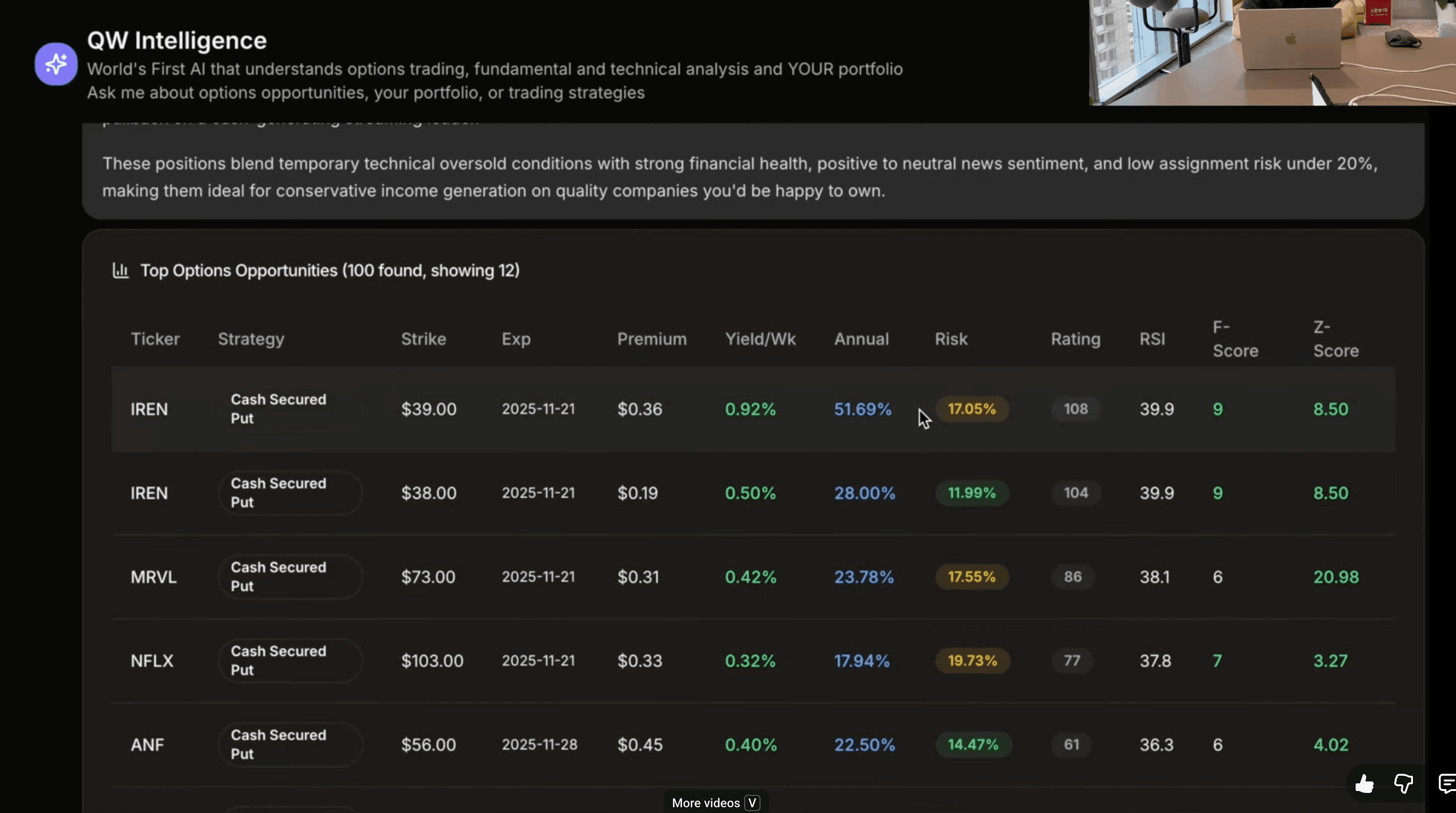 QW Intelligence turning a plain-English question into screener results