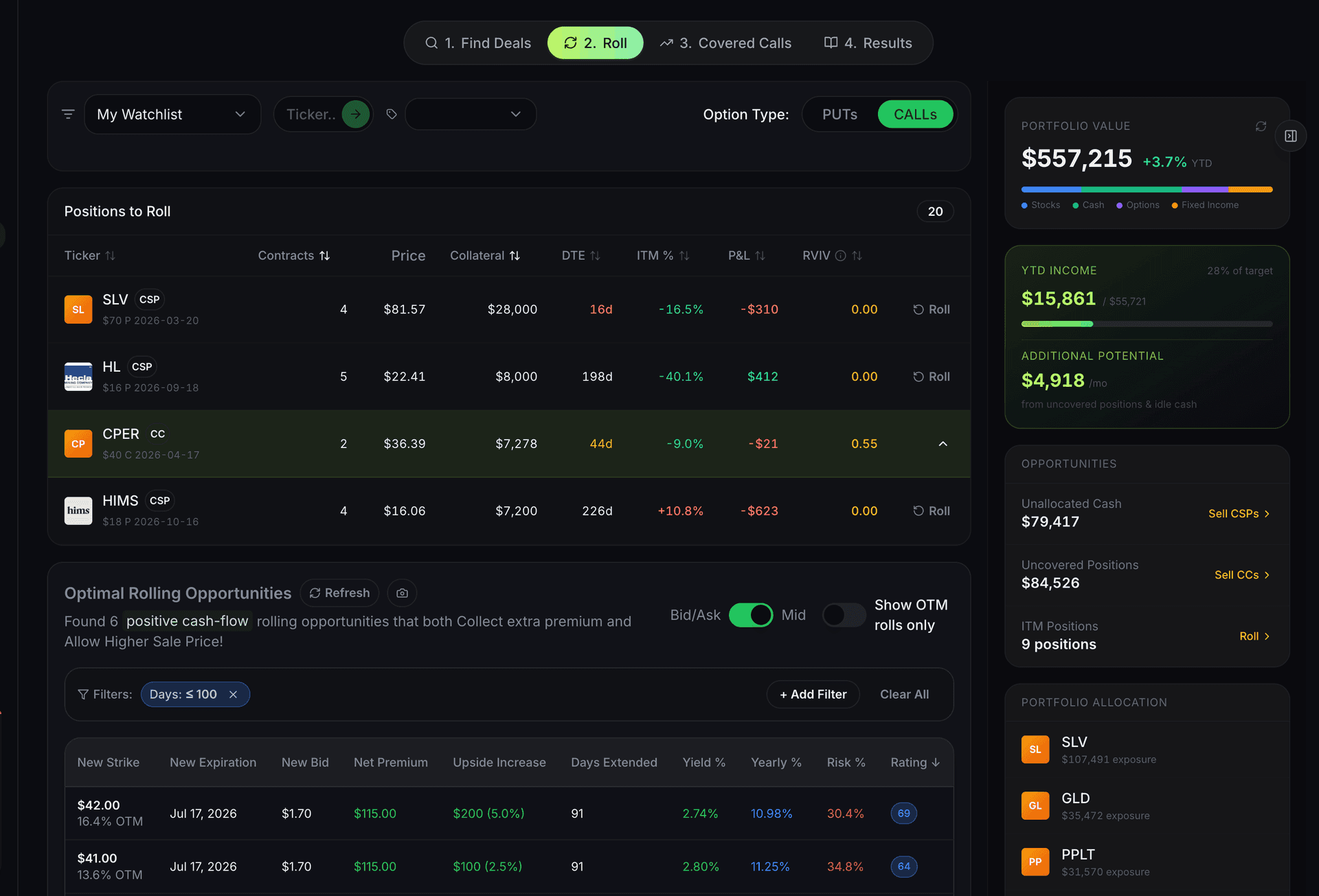 QuantWheel roll review showing alternative strikes and expirations for an options position
