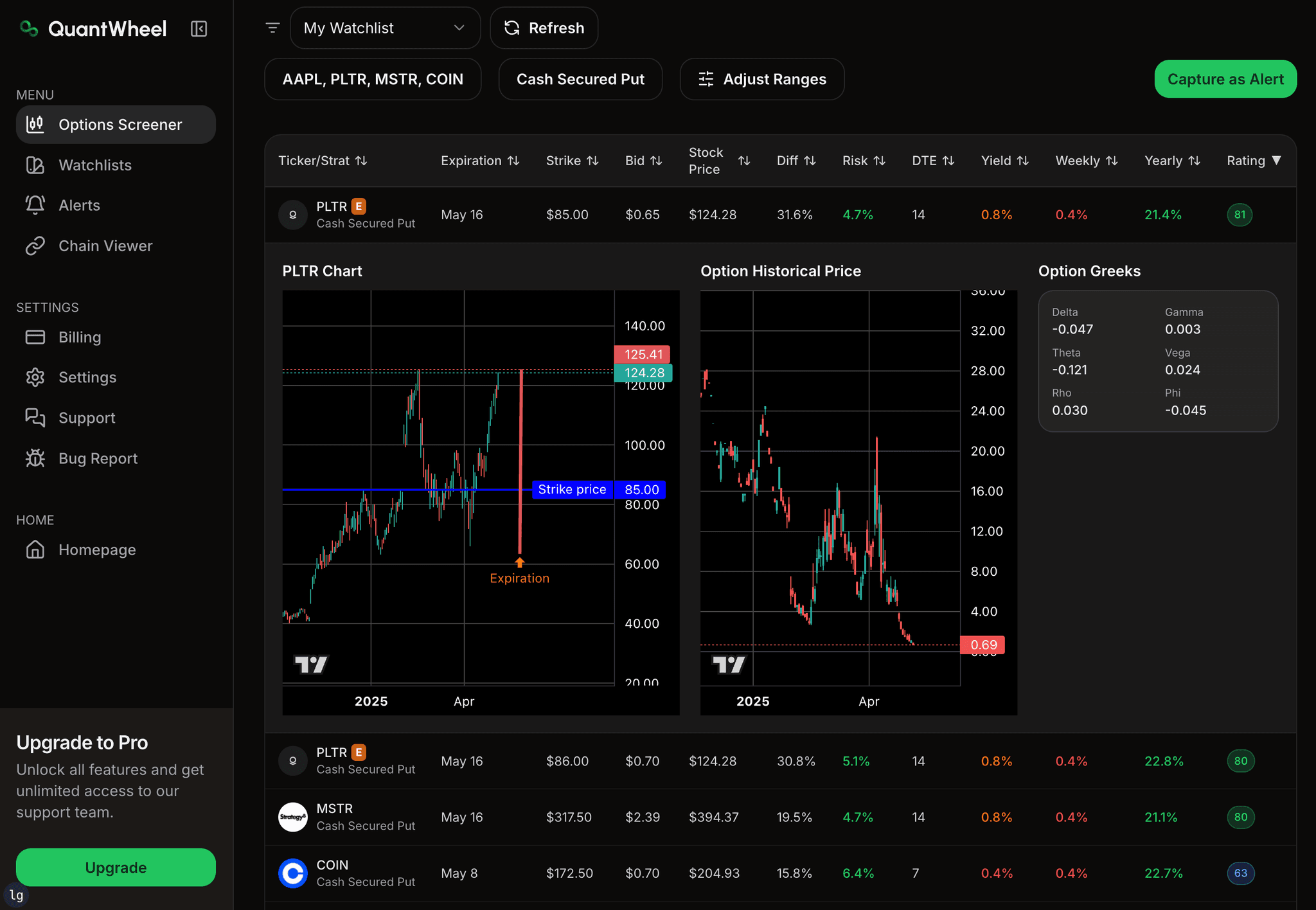 Options screener interface