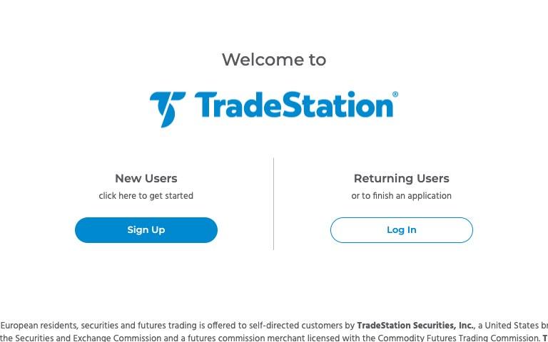 TradeStation's account page with Sign Up for new users and Log In for returning users