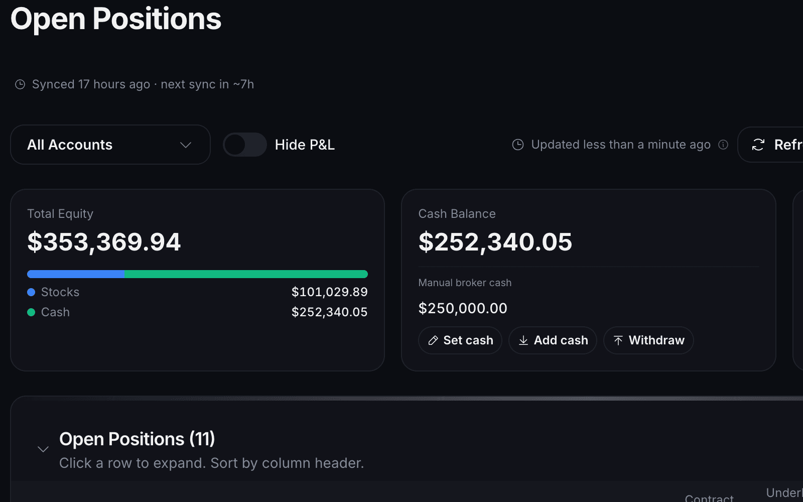 QuantWheel options portfolio and journal view with position activity, premium, and P&L context