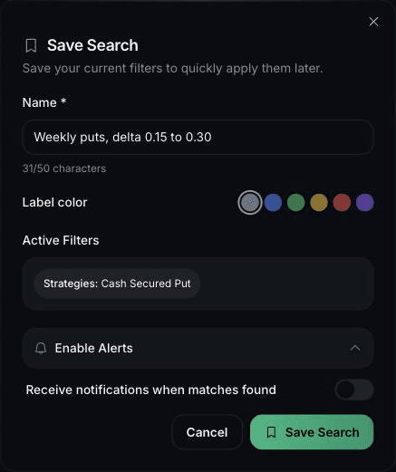 QuantWheel Save Search window with a search name, the active filter and the switch for alerts when new matches are found