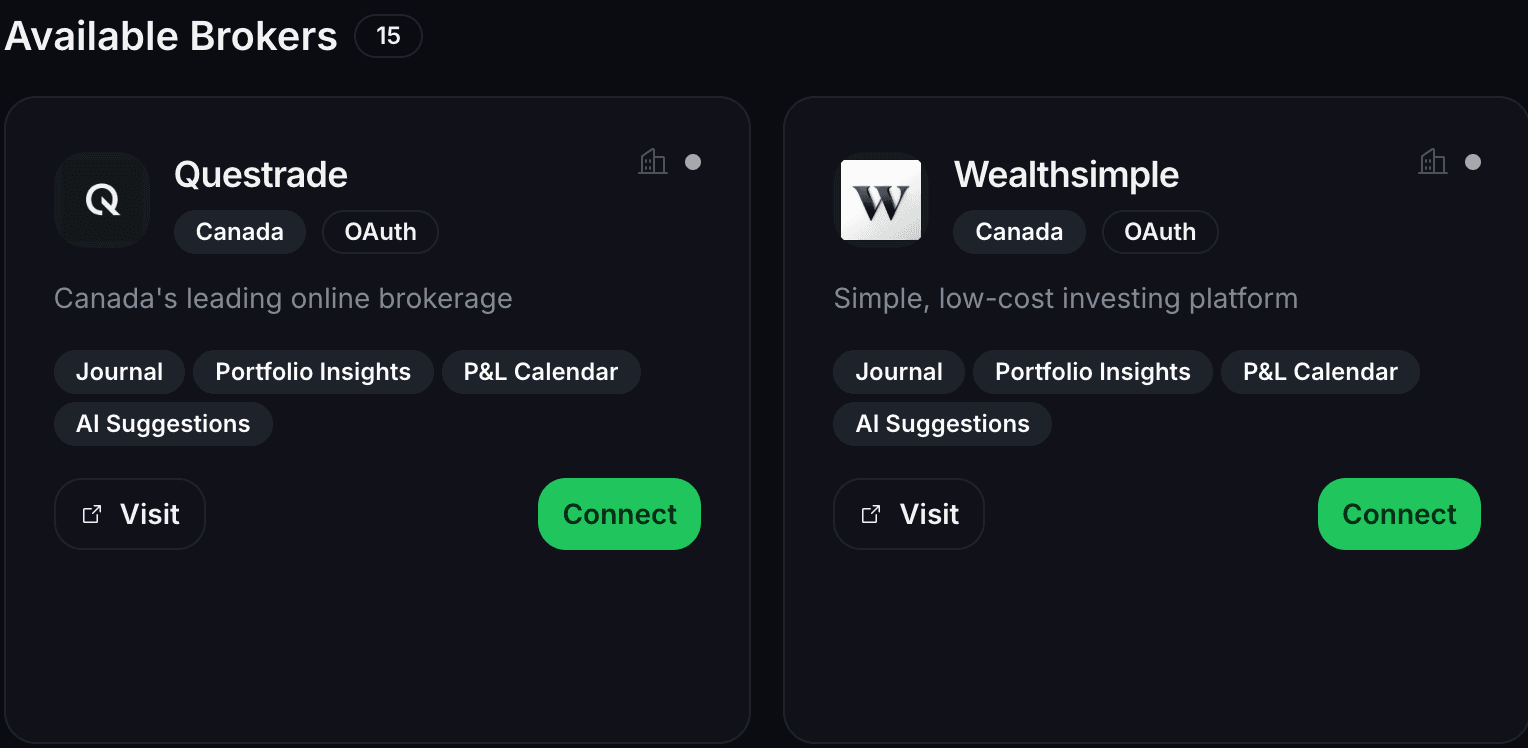The broker connection screen with the supported brokerages