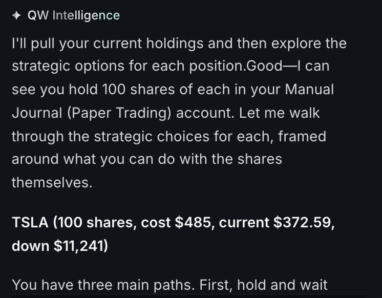 QW Intelligence reading a sample account's holdings and starting to lay out the choices for each position, beginning with TSLA