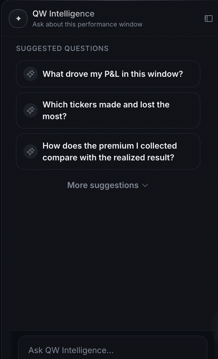QW Intelligence panel in the Options Journal with suggested questions about the account's P&L and premium