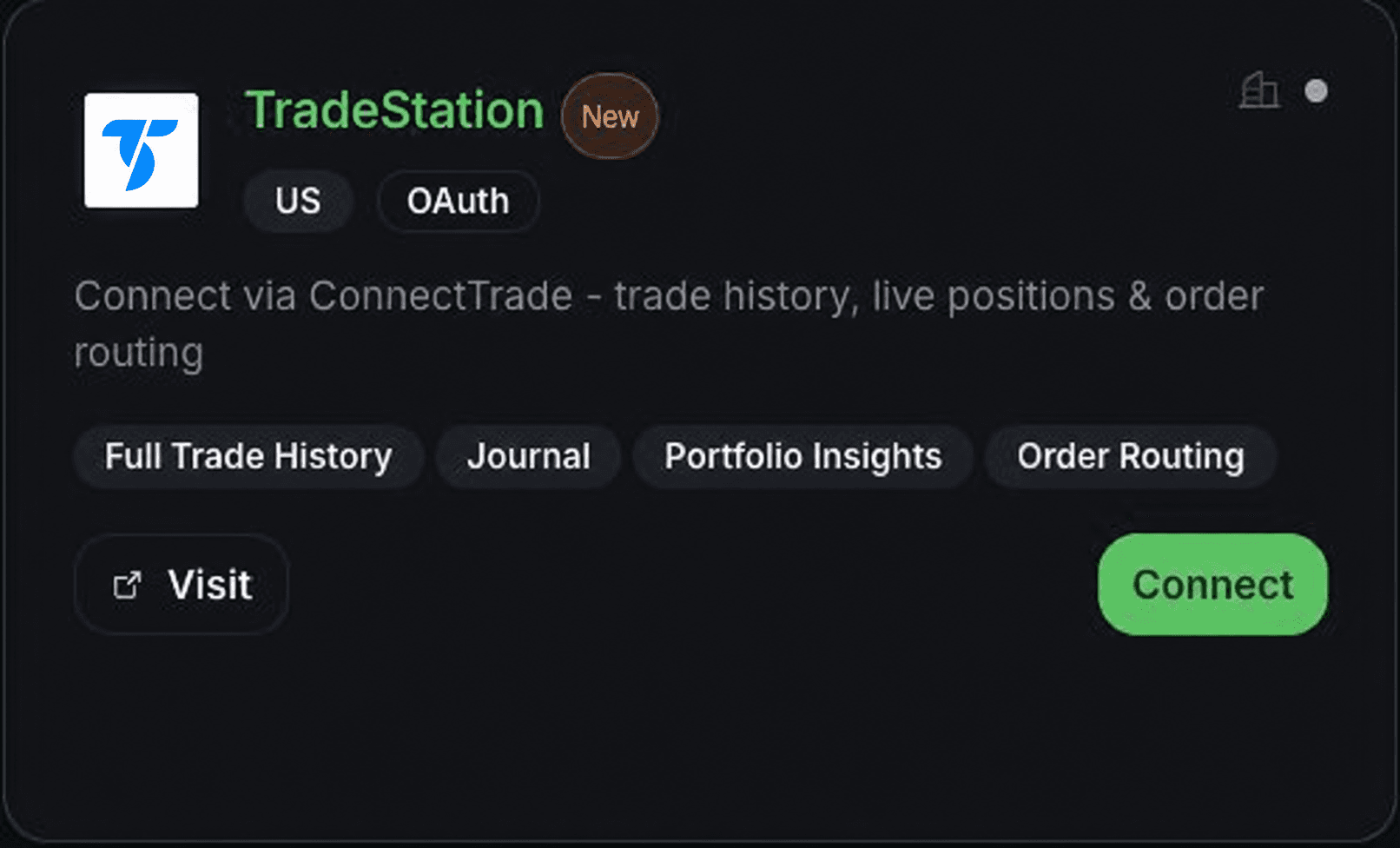 TradeStation card with the Connect button in QuantWheel