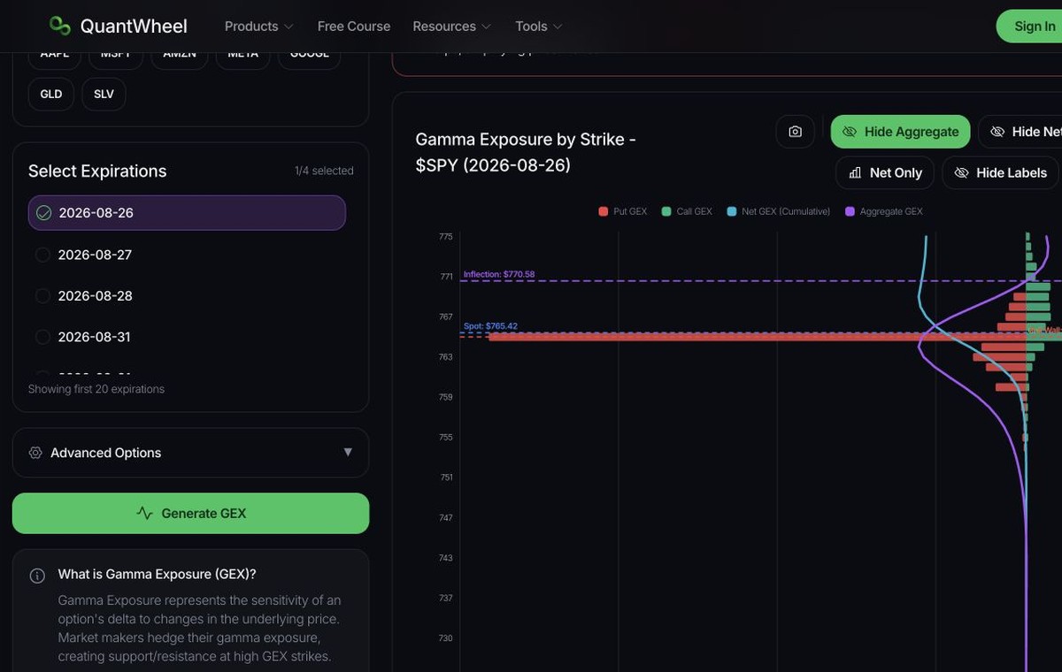 QuantWheel GEX Calculator with ticker search, expiration controls, and gamma exposure chart