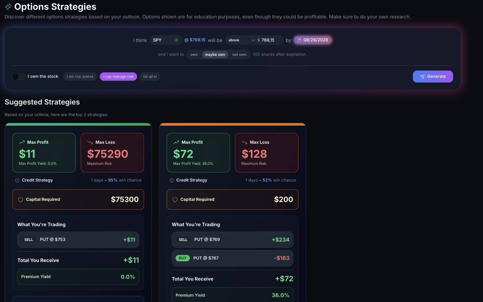 QuantWheel options strategy builder with active SPY strategy results