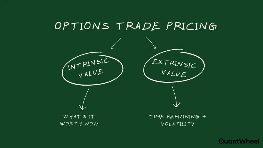 Intrinsic value and extrinsic value are the two core components that determine any option's premium, and this simplified diagram provides a clear example of how it works in real trading scenarios. When learning the intrinsic extrinsic difference, traders discover that intrinsic value represents immediate, tangible profit available if an option were exercised right now, existing only when contracts are in-the-money. Conversely, extrinsic value captures the time remaining until expiration plus market volatility expectations, affecting every option regardless of moneyness. Understanding intrinsic vs extrinsic value is essential because extrinsic value decays as expiration approaches while intrinsic value fluctuates with the underlying asset's price movements. This visual breakdown simplified the complex pricing model, showing how it works when combining both factors to calculate fair premiums across different strike prices and expiration dates.