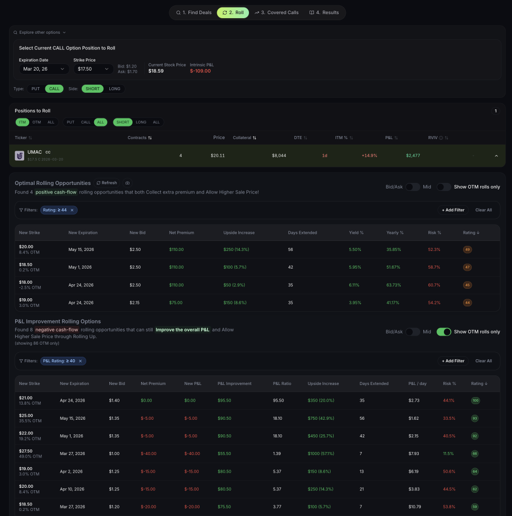 Image shows $UMAC real life trade that got heavily ITM and what rolling suggestion does software have for this situation