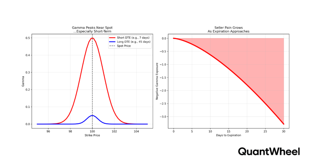 Options greeks guide chart illustrating why seller gamma risk and delta sensitivity accelerate near expiration.