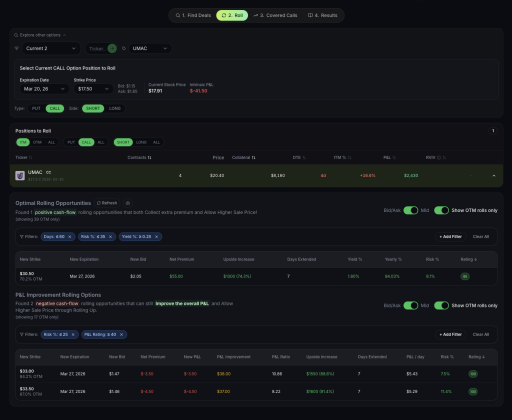 Screenshot from an avoid assignment tool which helps you decide on what is the best roll for in-the-money cash secured put trade for the trade example on UMAC Covered call trade which is ITM, risking to get assigned.